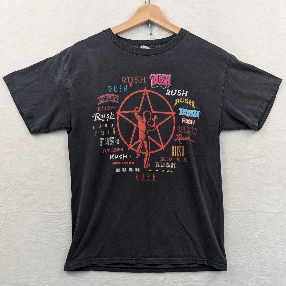 VTG Alstyle Rush T-Shirt Men's S Black Faded Rock Band Music Starman Grunge Y2K